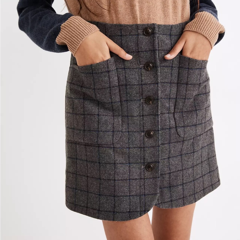Madewell Wool Button-Front Mini Skirt in Windowpane